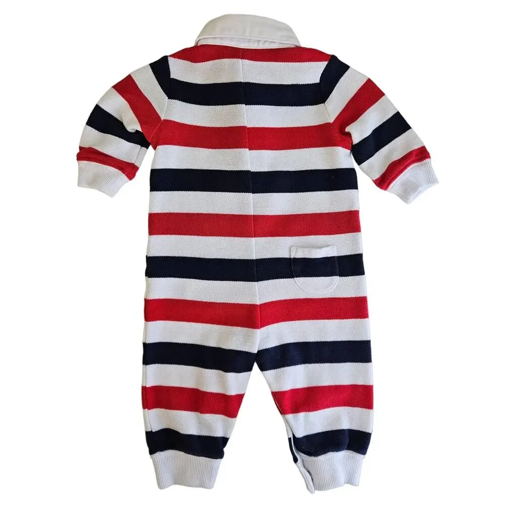Janie and Jack‎ Polo Rugby Stripe Red Blue Puppy Coverall & Beanie | Baby 0-3 M
